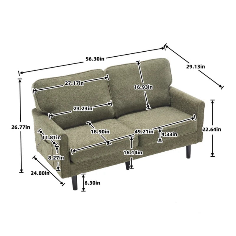 Mid Century Modern Loveseat Sofa with USB Ports, Removable Pillow Cover, Green Boucle Fabric, 56.3 Inches-海智集-Default-