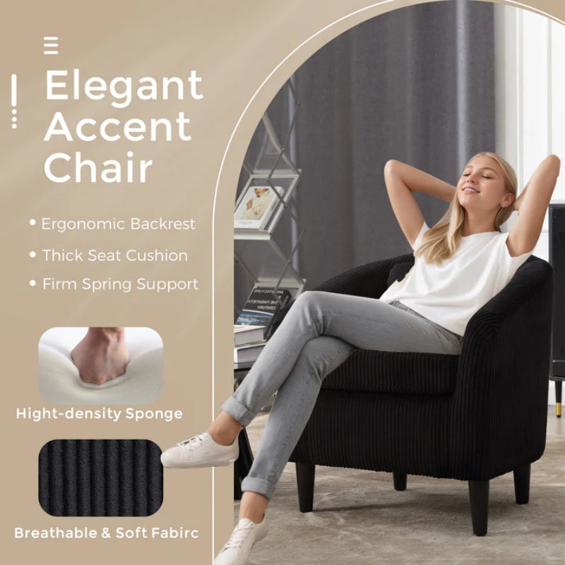 COOLMORE Living Room Accent Barrel Chair, Century Modern Style Decorative Chair, Armchair for Living Room with Thick Cushions and Pillows, Comfy Single Sofa Chair, Chair with Wooden Legs,BLACK-海智集-Default-
