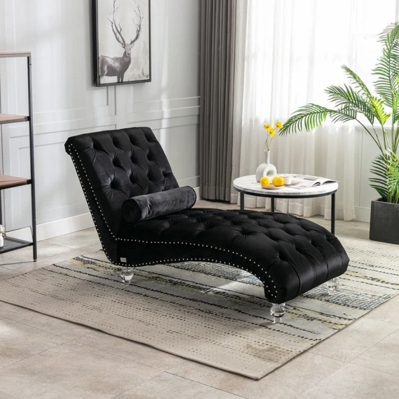 Velvet Chaise Lounge Indoor, Button-Tufted Upholstered Chair with Pillow, Black Velvet, 63.38x28.94x34.05 inches-海智集-Default-