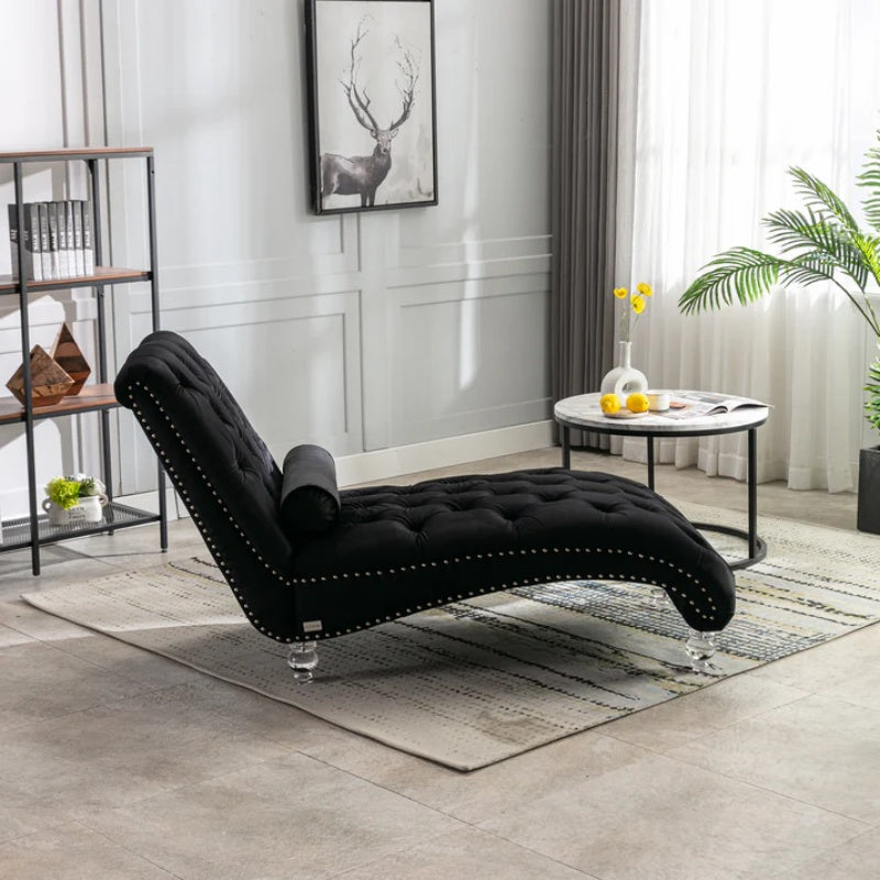 Velvet Chaise Lounge Indoor, Button-Tufted Upholstered Chair with Pillow, Black Velvet, 63.38x28.94x34.05 inches-海智集-Default-