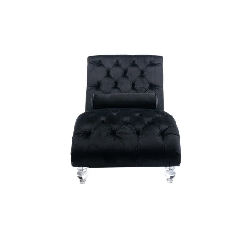 Velvet Chaise Lounge Indoor, Button-Tufted Upholstered Chair with Pillow, Black Velvet, 63.38x28.94x34.05 inches-海智集-Default-