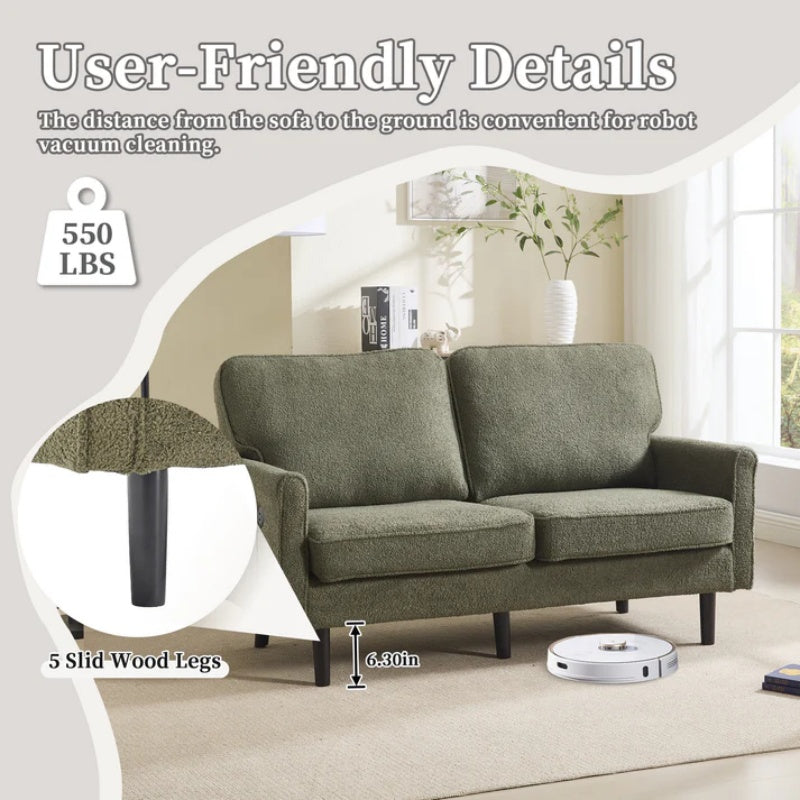 Mid Century Modern Loveseat Sofa with USB Ports, Removable Pillow Cover, Green Boucle Fabric, 56.3 Inches-海智集-Default-