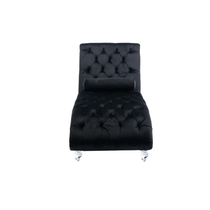 Velvet Chaise Lounge Indoor, Button-Tufted Upholstered Chair with Pillow, Black Velvet, 63.38x28.94x34.05 inches-海智集-Default-
