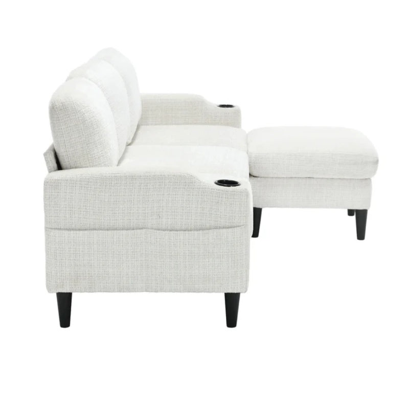 UNITED WE WIN Sofa for three, solid wood frame, Chenille fabric, side pocket, with two cup holders, footstool with storagestorage sofa /Living room sofa cozy sectional sofa-海智集-Default-