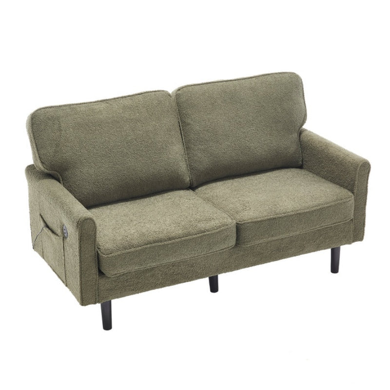 Mid Century Modern Loveseat Sofa with USB Ports, Removable Pillow Cover, Green Boucle Fabric, 56.3 Inches-海智集-Default-