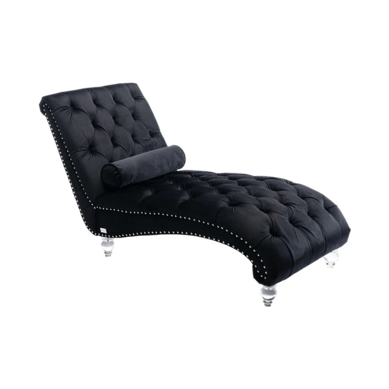 Velvet Chaise Lounge Indoor, Button-Tufted Upholstered Chair with Pillow, Black Velvet, 63.38x28.94x34.05 inches-海智集-Default-