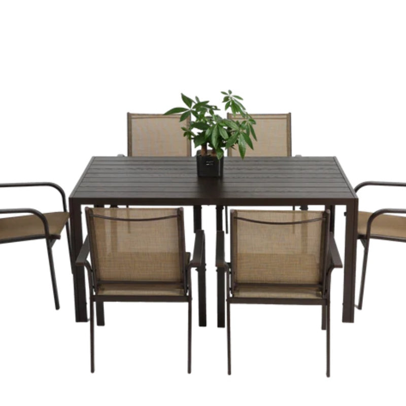 7 Pieces Patio Dining Set, Outdoor Furniture Table and 6 Textilene Chairs, Outdoor Furniture with Rectangular Table and 6 Stackable Chairs Family Conversation Set for Garden Backyard Deck-Brown-海智集-Default-