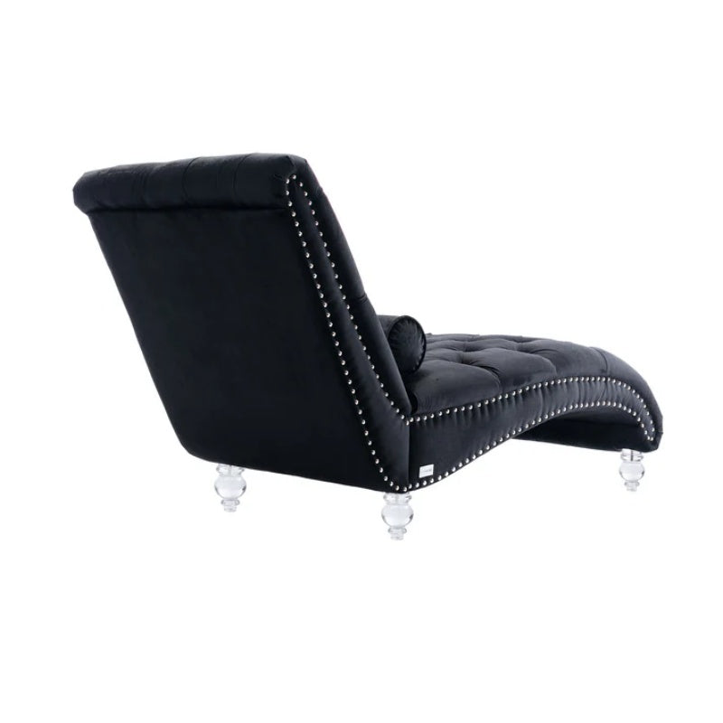 Velvet Chaise Lounge Indoor, Button-Tufted Upholstered Chair with Pillow, Black Velvet, 63.38x28.94x34.05 inches-海智集-Default-