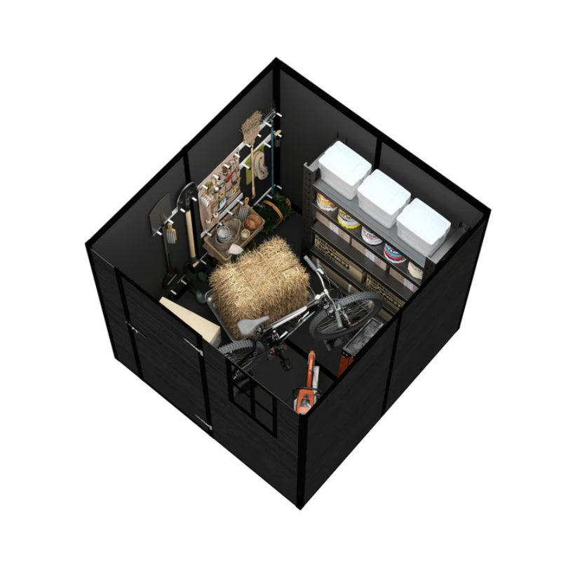Campcraft 6*6ft resin storage shed, high quality pp material, strong structure, waterproof, rust and UV proof, large storage space, 12mm thick pp board, HD window lighting Black wood grain color-海智集-Default-