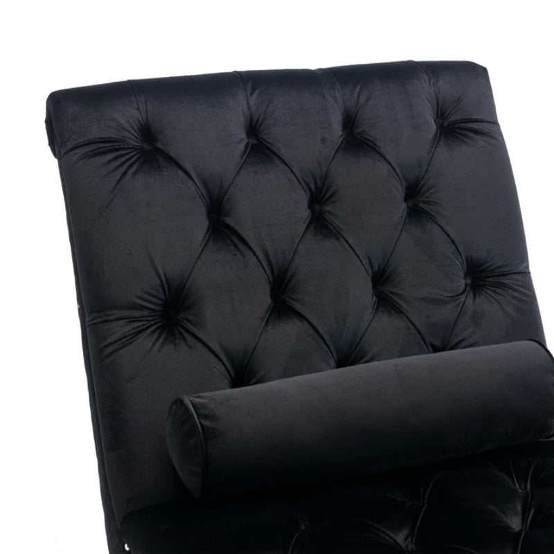 Velvet Chaise Lounge Indoor, Button-Tufted Upholstered Chair with Pillow, Black Velvet, 63.38x28.94x34.05 inches-海智集-Default-