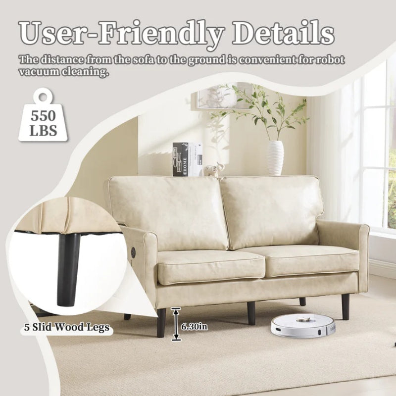 Mid Century Modern Loveseat Sofa, 2 Seater with USB & Removable Pillow Cover, Camel PU, 56.30''-海智集-Default-