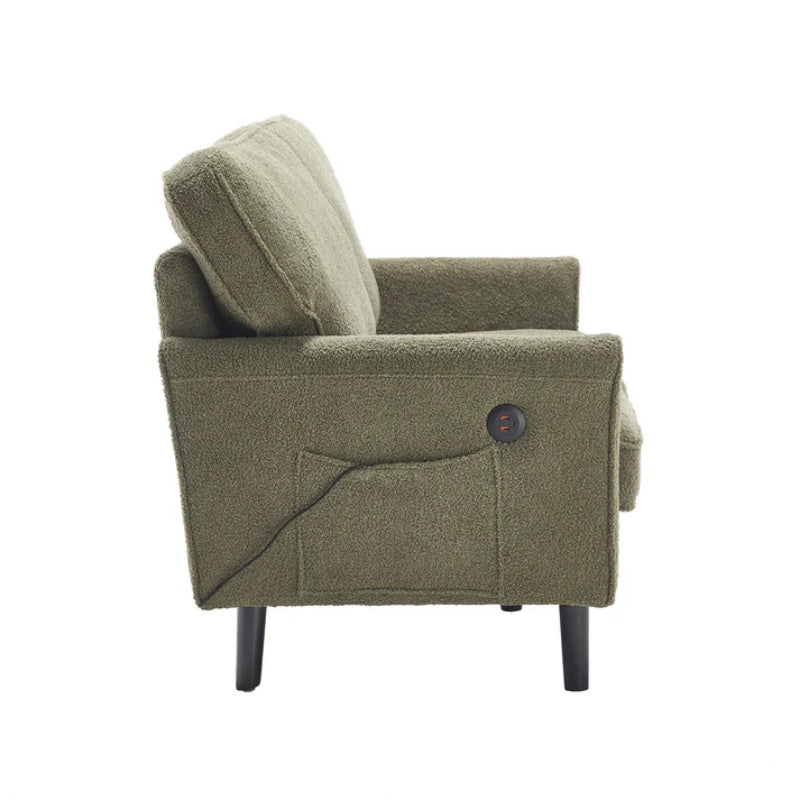 Mid Century Modern Loveseat Sofa with USB Ports, Removable Pillow Cover, Green Boucle Fabric, 56.3 Inches-海智集-Default-