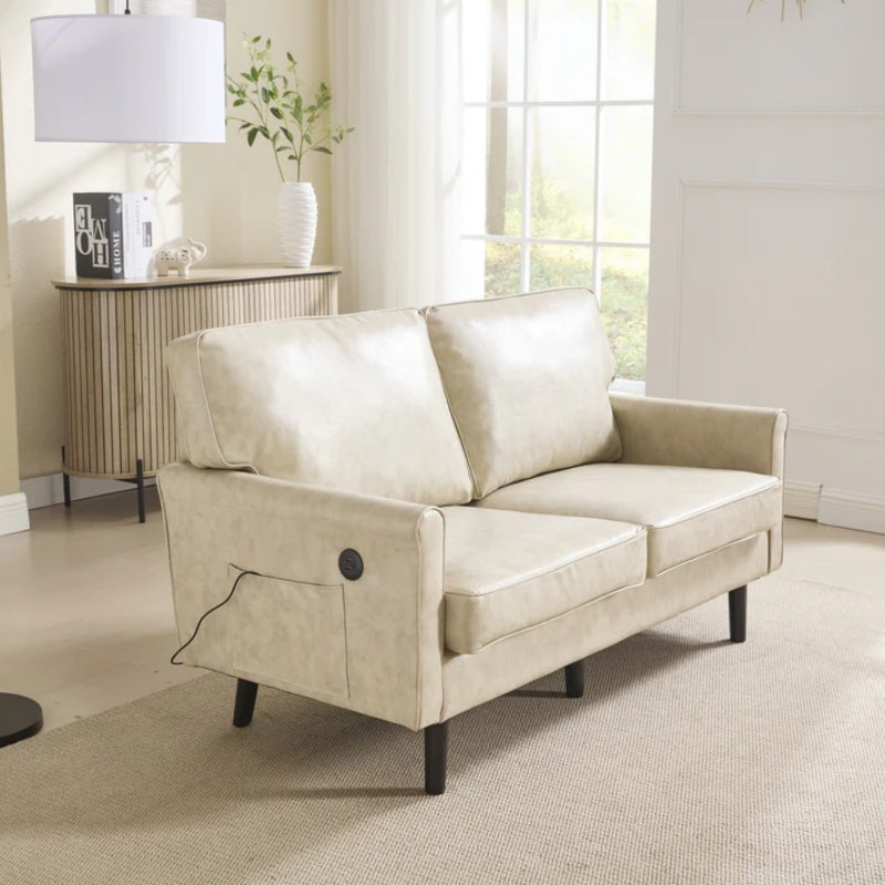 Mid Century Modern Loveseat Sofa, 2 Seater with USB & Removable Pillow Cover, Camel PU, 56.30''-海智集-Default-