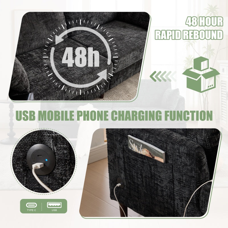 Modern Style Chenille 2-Seater Sofa with LED Light, USB Port and Storage Bag in Black-海智集-Default-