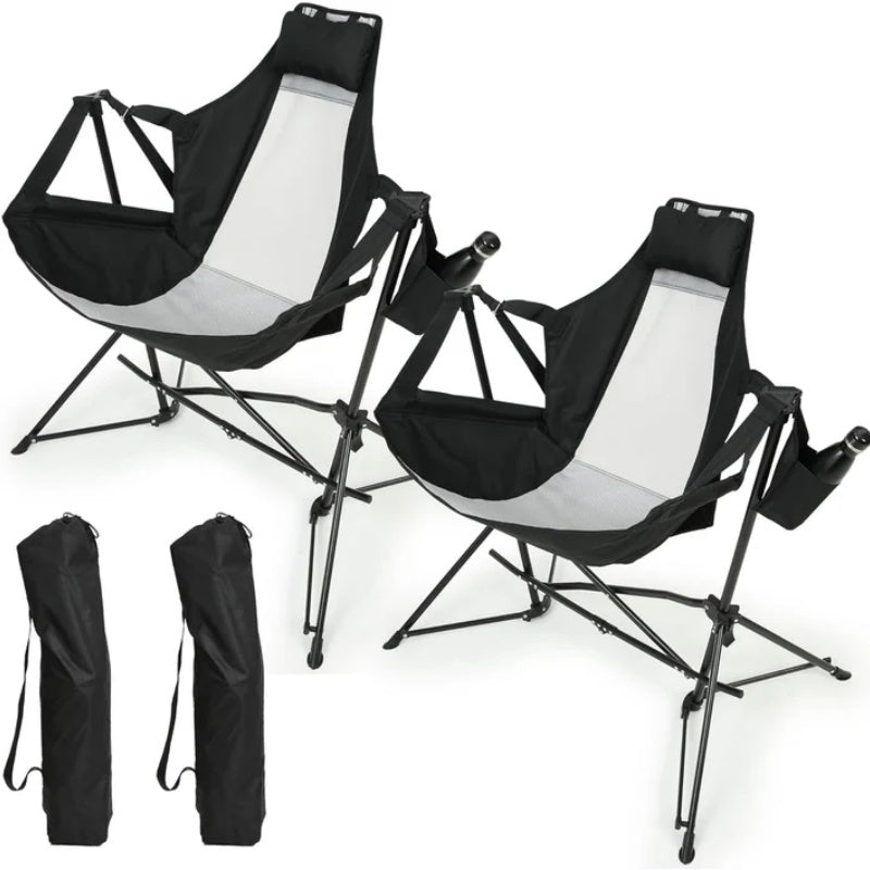 Hammock Camping Chair, Folding Portable Rocking Chair, Aluminum Alloy Adjustable Back Swinging Chair with Pillow Cup Holder, Recliner with Carry Bag for Outdoor Travel Lawn Backyard, Black (2pcs)-海智集-Default-