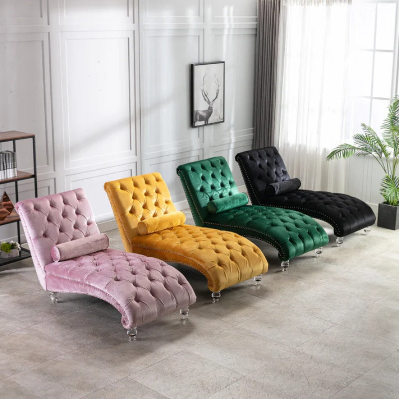 Velvet Chaise Lounge Indoor, Button-Tufted Upholstered Chair with Pillow, Black Velvet, 63.38x28.94x34.05 inches-海智集-Default-