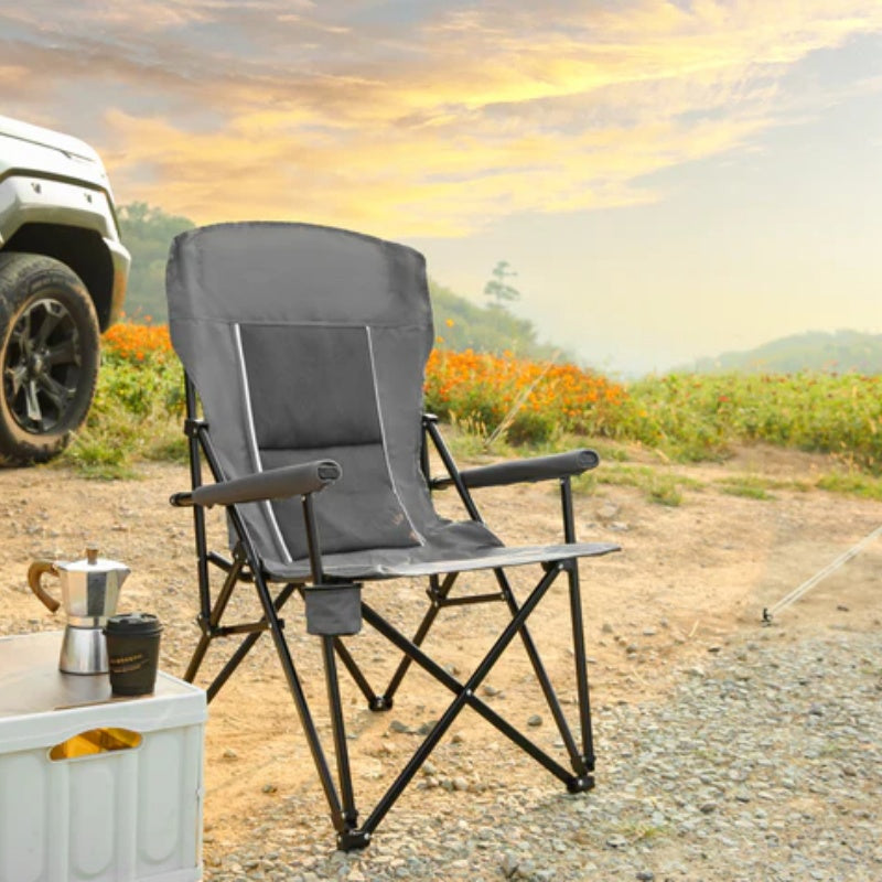 High Back Heavy Duty Lawn Chair Support 250LBS, Portable Collapsible Chair with Cup Holder -Grey-海智集-Default-