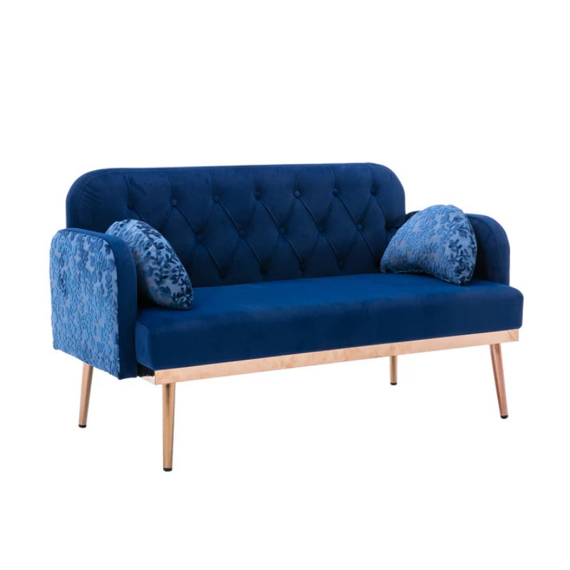 COOLMORE Modern Velvet Loveseat Sofa , Comfy Upholstered 2-Seater Sofa with Gold Metal Legs, Small Loveseat Accent Couch for Living Bedroom Leisure Areas (Navy Velvet)-海智集-Default-
