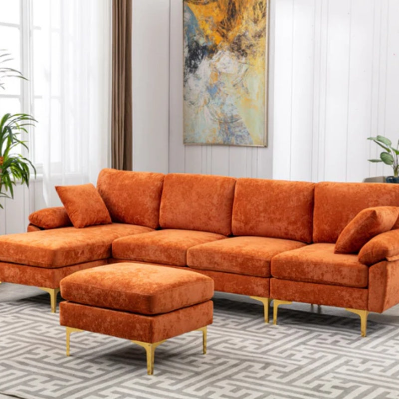 COOLMORE U-shape sectional sofa with Ottoman , Reversible Sofa Couch for Living Room,Spacious Furniture,Durable Couch Removable and machine washable cover (Orange Velvet)-海智集-Default-