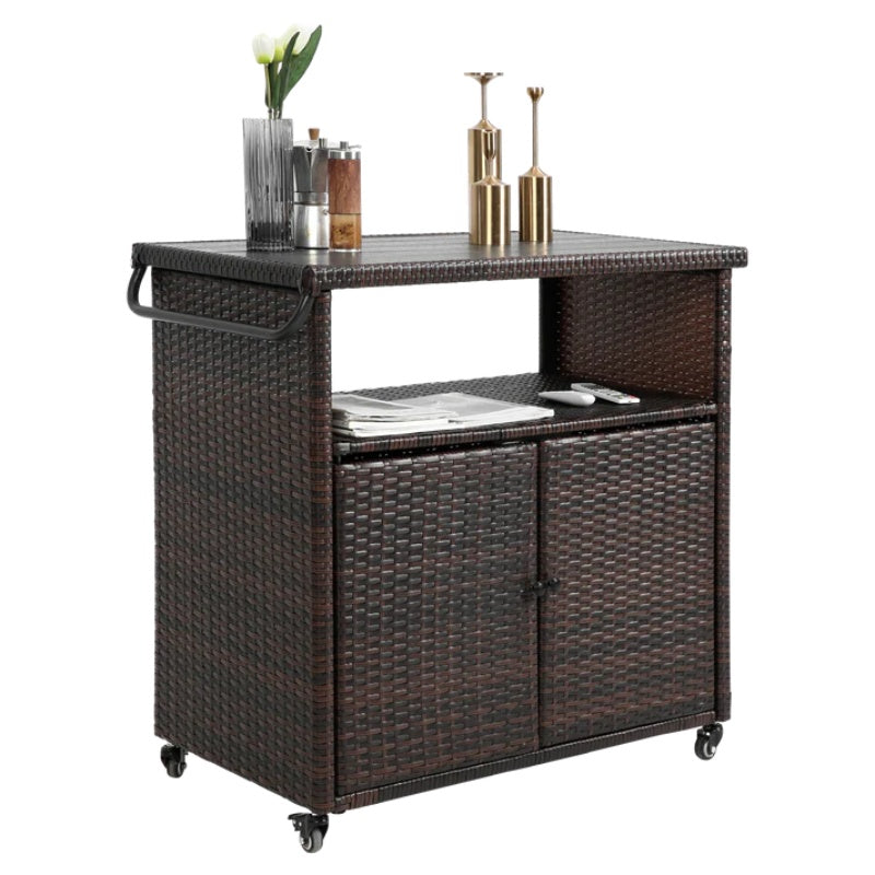Outdoor Wicker Bar Cart, Patio Wine Serving Cart w/Wheels , Rolling Rattan Beverage Bar Counter Table w/Glass Top for Porch Backyard Garden Poolside Party, Light brown-海智集-Default-