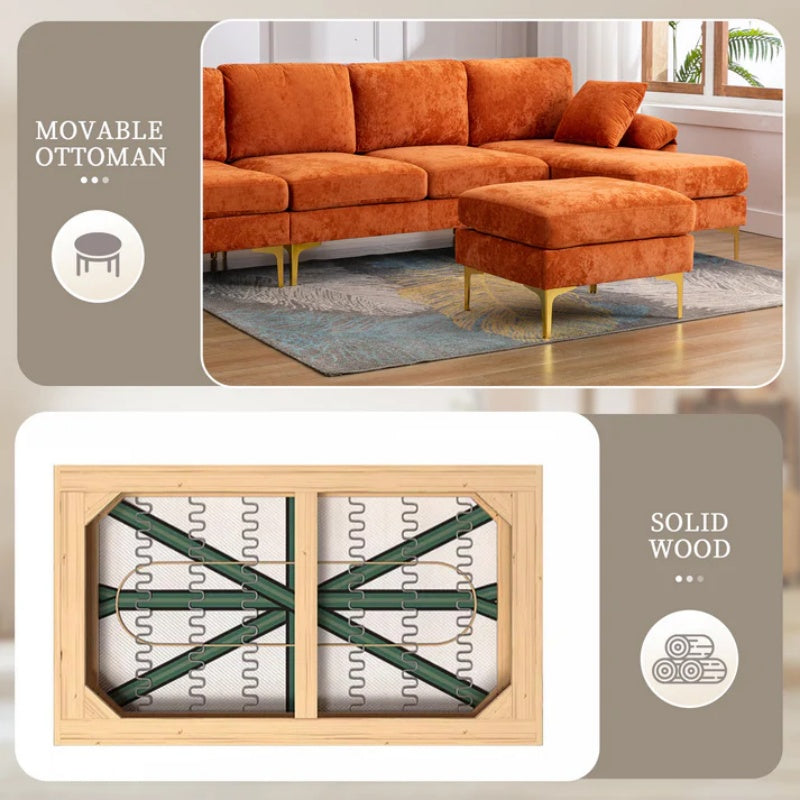 COOLMORE U-shape sectional sofa with Ottoman , Reversible Sofa Couch for Living Room,Spacious Furniture,Durable Couch Removable and machine washable cover (Orange Velvet)-海智集-Default-