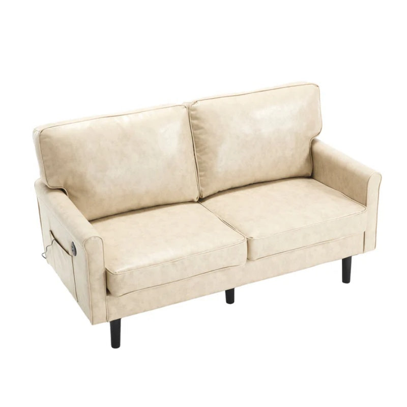 Mid Century Modern Loveseat Sofa, 2 Seater with USB & Removable Pillow Cover, Camel PU, 56.30''-海智集-Default-