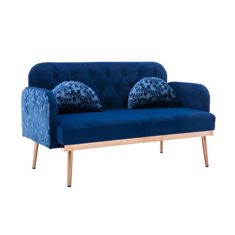 COOLMORE Modern Velvet Loveseat Sofa , Comfy Upholstered 2-Seater Sofa with Gold Metal Legs, Small Loveseat Accent Couch for Living Bedroom Leisure Areas (Navy Velvet)-海智集-Default-