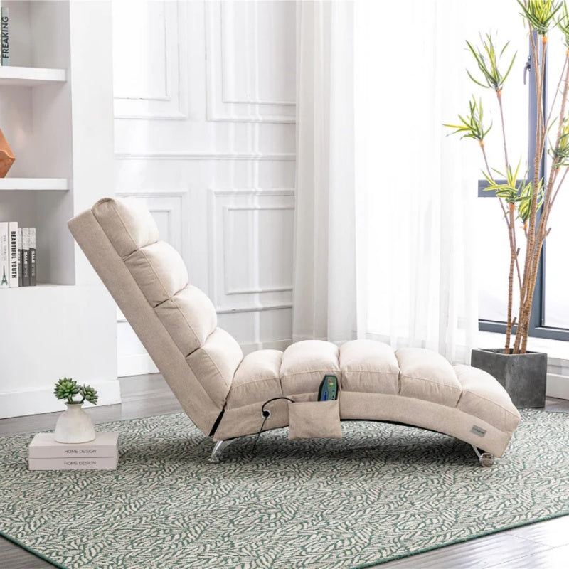 Linen Massage Chaise Lounge Indoor with Remote Control, Ergonomic Electric Massage Lounger in Beige-海智集-Default-