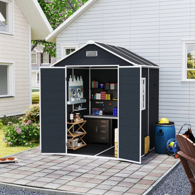 Campcraft 6*6ft resin storage shed, high quality pp material, strong structure, waterproof, rust and UV proof, large storage space, 12mm thick pp board, HD window lighting Dark gray-海智集-Default-
