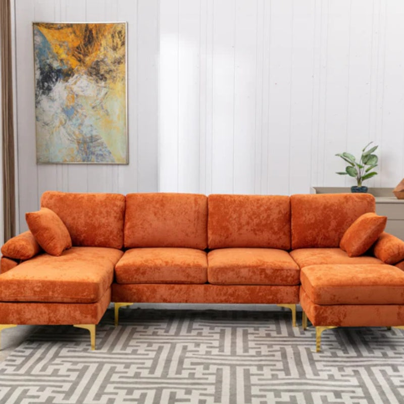 COOLMORE U-shape sectional sofa with Ottoman , Reversible Sofa Couch for Living Room,Spacious Furniture,Durable Couch Removable and machine washable cover (Orange Velvet)-海智集-Default-
