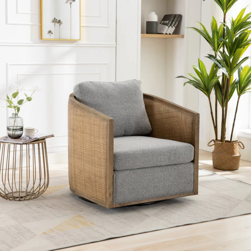 Swivel Barrel Chair, Comfy Round Accent Sofa Chair, 360 Degree Swivel, Gray Boucle, Solid Wood Frame-海智集-Default-