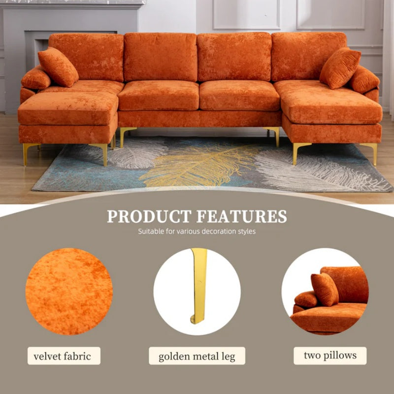 COOLMORE U-shape sectional sofa with Ottoman , Reversible Sofa Couch for Living Room,Spacious Furniture,Durable Couch Removable and machine washable cover (Orange Velvet)-海智集-Default-