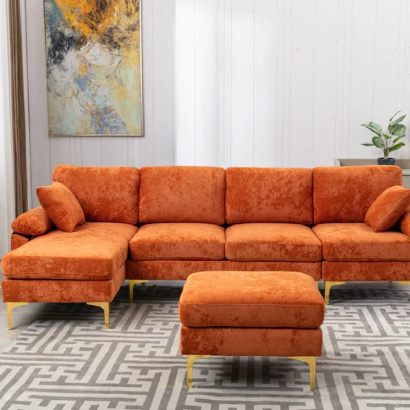 COOLMORE U-shape sectional sofa with Ottoman , Reversible Sofa Couch for Living Room,Spacious Furniture,Durable Couch Removable and machine washable cover (Orange Velvet)-海智集-Default-