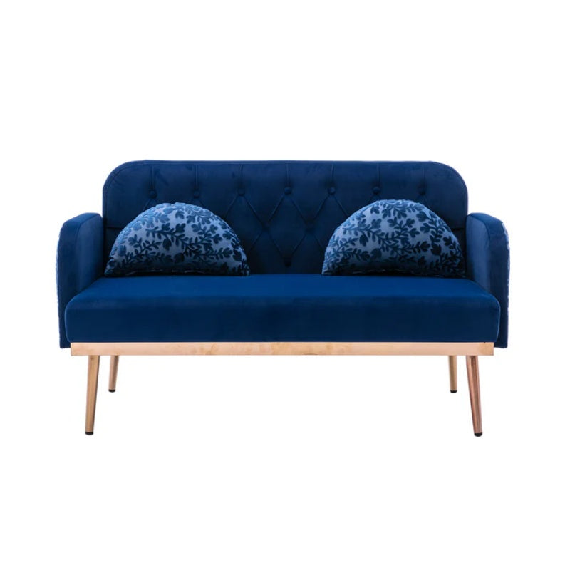 COOLMORE Modern Velvet Loveseat Sofa , Comfy Upholstered 2-Seater Sofa with Gold Metal Legs, Small Loveseat Accent Couch for Living Bedroom Leisure Areas (Navy Velvet)-海智集-Default-