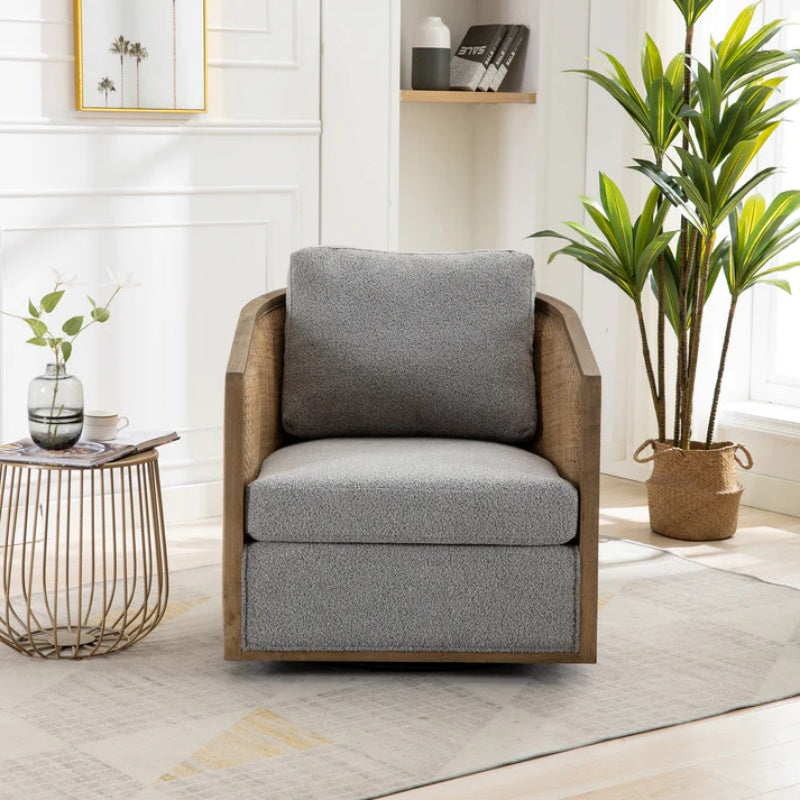 Swivel Barrel Chair, Comfy Round Accent Sofa Chair, 360 Degree Swivel, Gray Boucle, Solid Wood Frame-海智集-Default-
