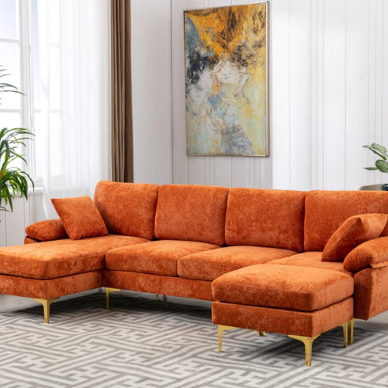 COOLMORE U-shape sectional sofa with Ottoman , Reversible Sofa Couch for Living Room,Spacious Furniture,Durable Couch Removable and machine washable cover (Orange Velvet)-海智集-Default-