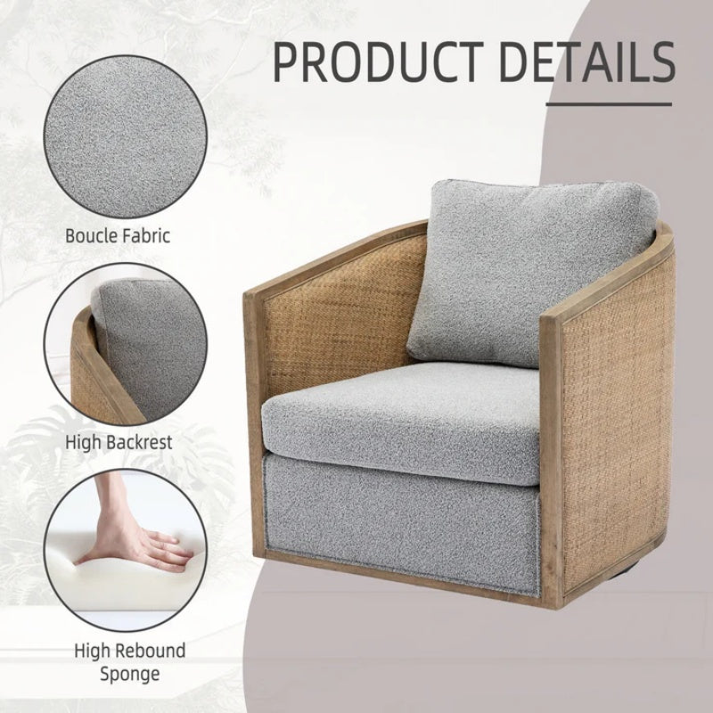 Swivel Barrel Chair, Comfy Round Accent Sofa Chair, 360 Degree Swivel, Gray Boucle, Solid Wood Frame-海智集-Default-