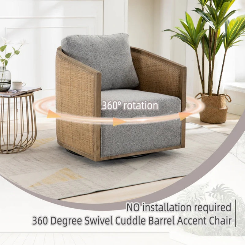 Swivel Barrel Chair, Comfy Round Accent Sofa Chair, 360 Degree Swivel, Gray Boucle, Solid Wood Frame-海智集-Default-