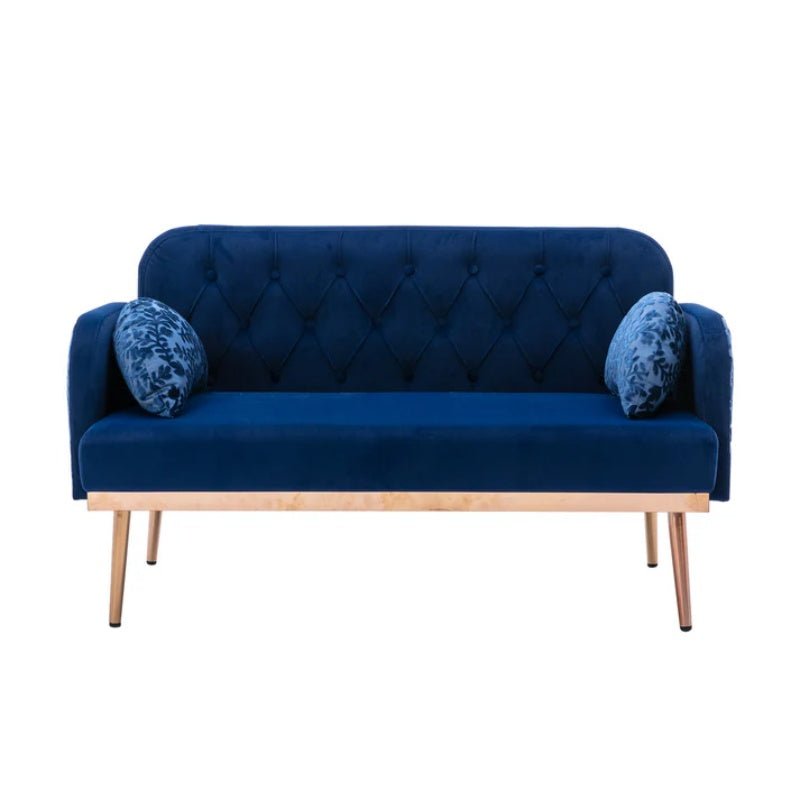 COOLMORE Modern Velvet Loveseat Sofa , Comfy Upholstered 2-Seater Sofa with Gold Metal Legs, Small Loveseat Accent Couch for Living Bedroom Leisure Areas (Navy Velvet)-海智集-Default-