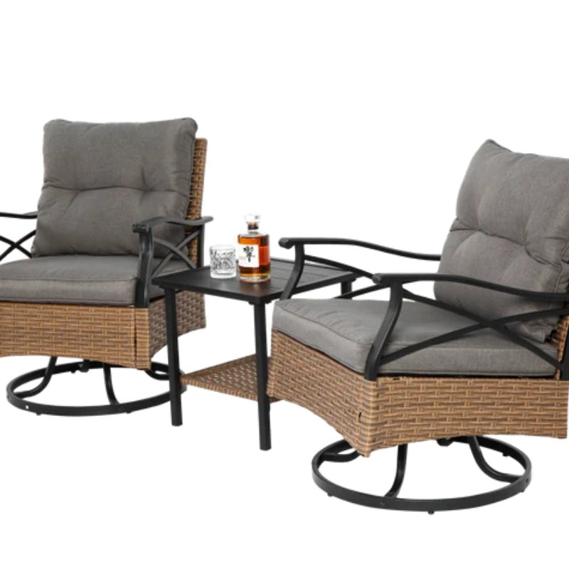 Outdoor Swivel Rocker Chairs Set 3 Piece with 1 Table and 2 Rocking & Swivel Chairs Support 350lbs Brown Wicker Outdoor Furniture Patio Conversation Set-海智集-Default-