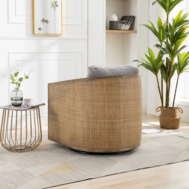 Swivel Barrel Chair, Comfy Round Accent Sofa Chair, 360 Degree Swivel, Gray Boucle, Solid Wood Frame-海智集-Default-