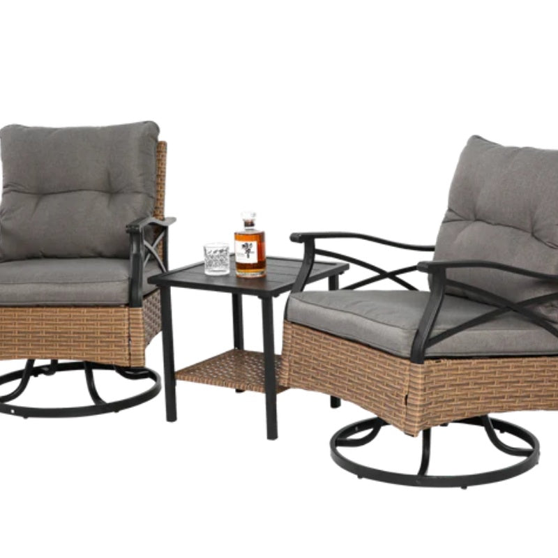 Outdoor Swivel Rocker Chairs Set 3 Piece with 1 Table and 2 Rocking & Swivel Chairs Support 350lbs Brown Wicker Outdoor Furniture Patio Conversation Set-海智集-Default-