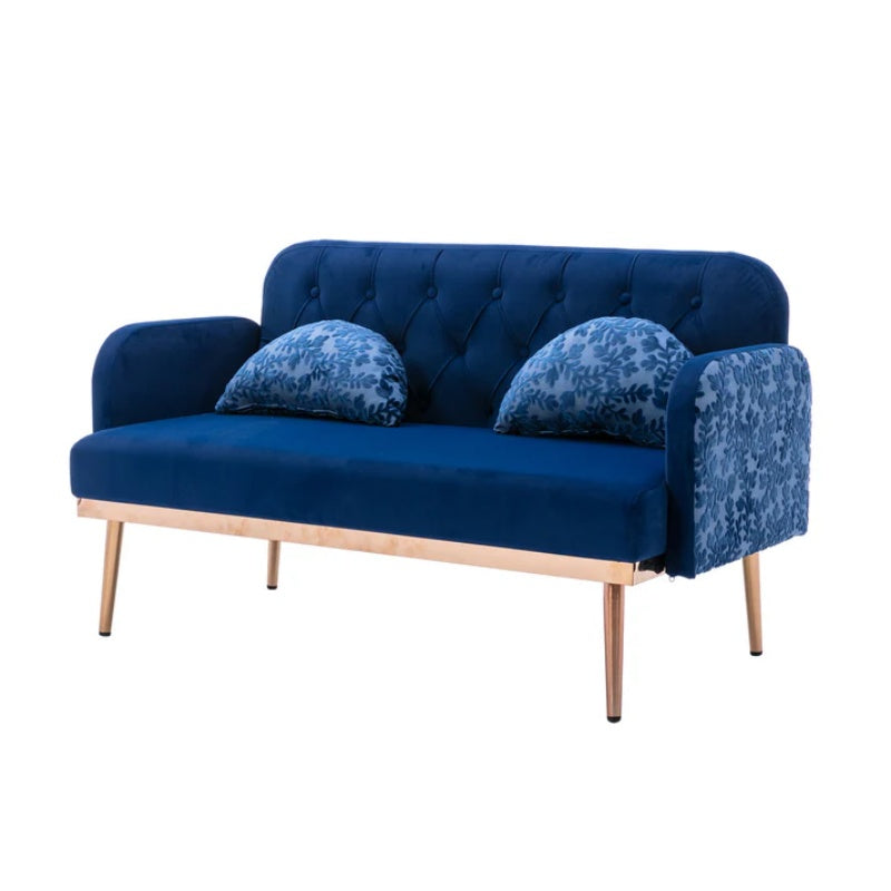 COOLMORE Modern Velvet Loveseat Sofa , Comfy Upholstered 2-Seater Sofa with Gold Metal Legs, Small Loveseat Accent Couch for Living Bedroom Leisure Areas (Navy Velvet)-海智集-Default-