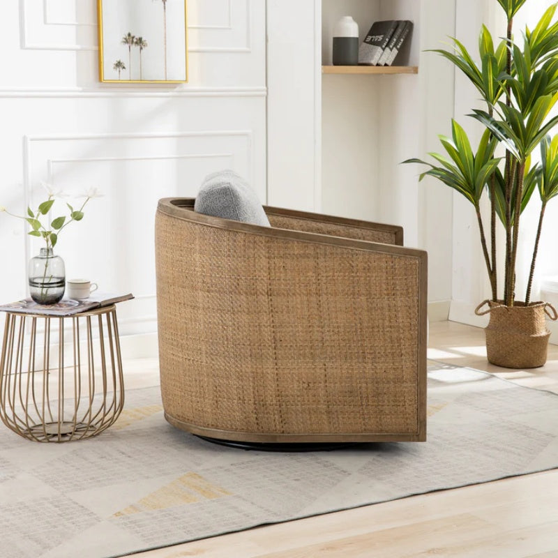 Swivel Barrel Chair, Comfy Round Accent Sofa Chair, 360 Degree Swivel, Gray Boucle, Solid Wood Frame-海智集-Default-