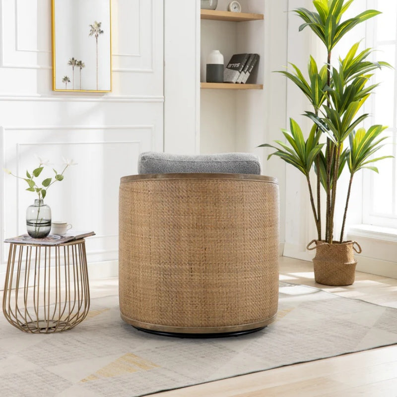 Swivel Barrel Chair, Comfy Round Accent Sofa Chair, 360 Degree Swivel, Gray Boucle, Solid Wood Frame-海智集-Default-