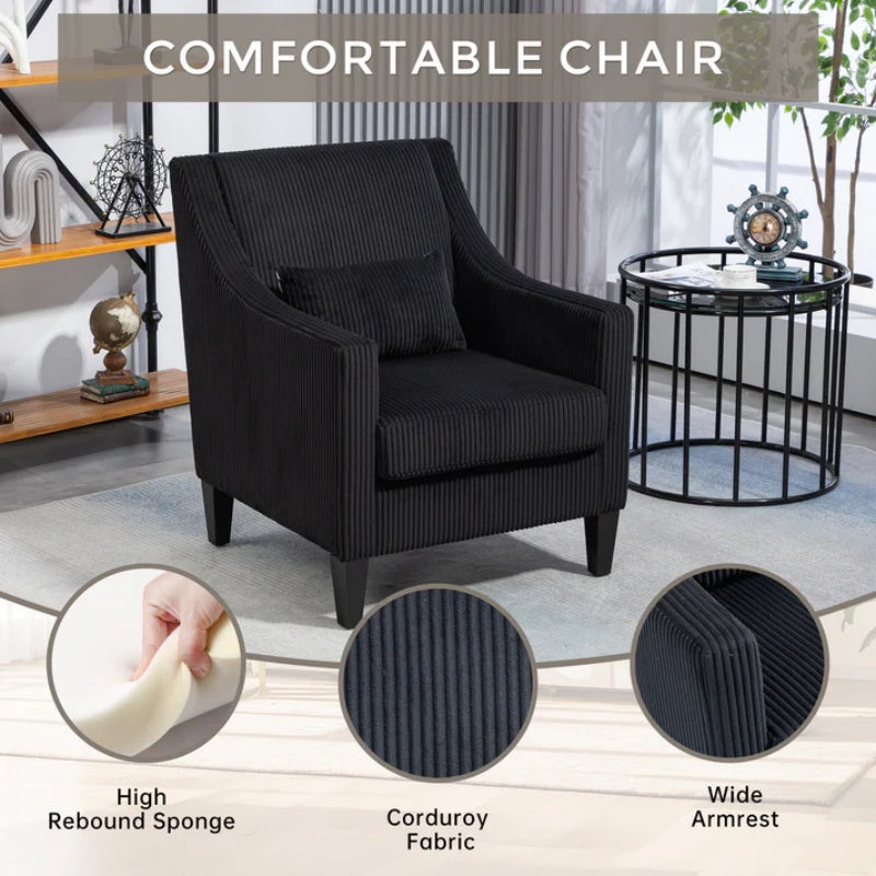 COOLMORE Modern Accent Chair,Upholstered Armchair with Scooped Arms for Bedroom,Apartment,Studio,Office,Waiting Room(Black Corduroy)-海智集-Default-