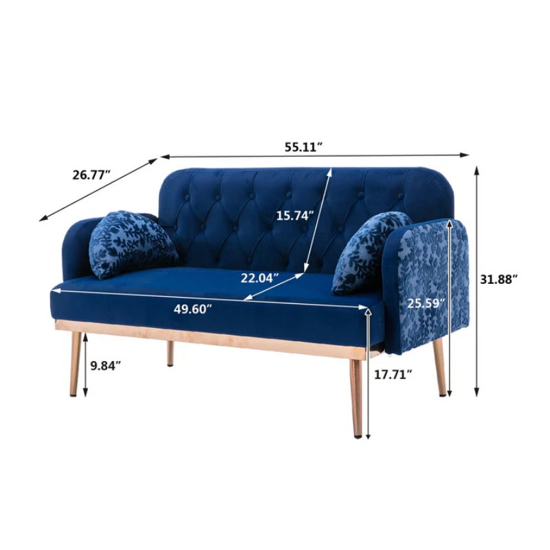 COOLMORE Modern Velvet Loveseat Sofa , Comfy Upholstered 2-Seater Sofa with Gold Metal Legs, Small Loveseat Accent Couch for Living Bedroom Leisure Areas (Navy Velvet)-海智集-Default-