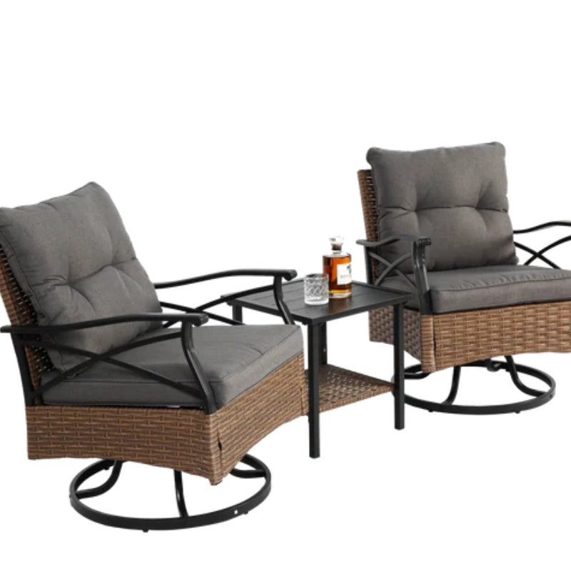 Outdoor Swivel Rocker Chairs Set 3 Piece with 1 Table and 2 Rocking & Swivel Chairs Support 350lbs Brown Wicker Outdoor Furniture Patio Conversation Set-海智集-Default-