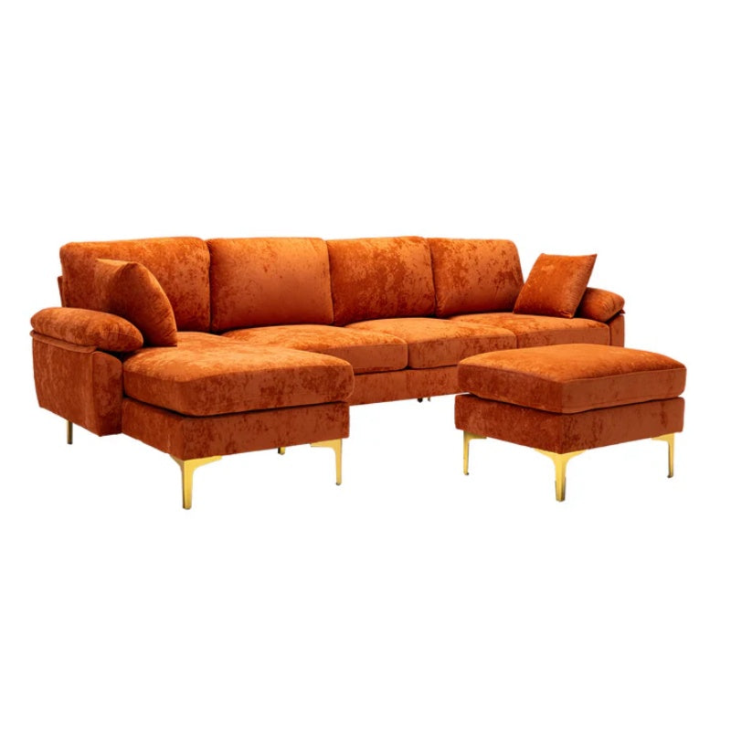 COOLMORE U-shape sectional sofa with Ottoman , Reversible Sofa Couch for Living Room,Spacious Furniture,Durable Couch Removable and machine washable cover (Orange Velvet)-海智集-Default-