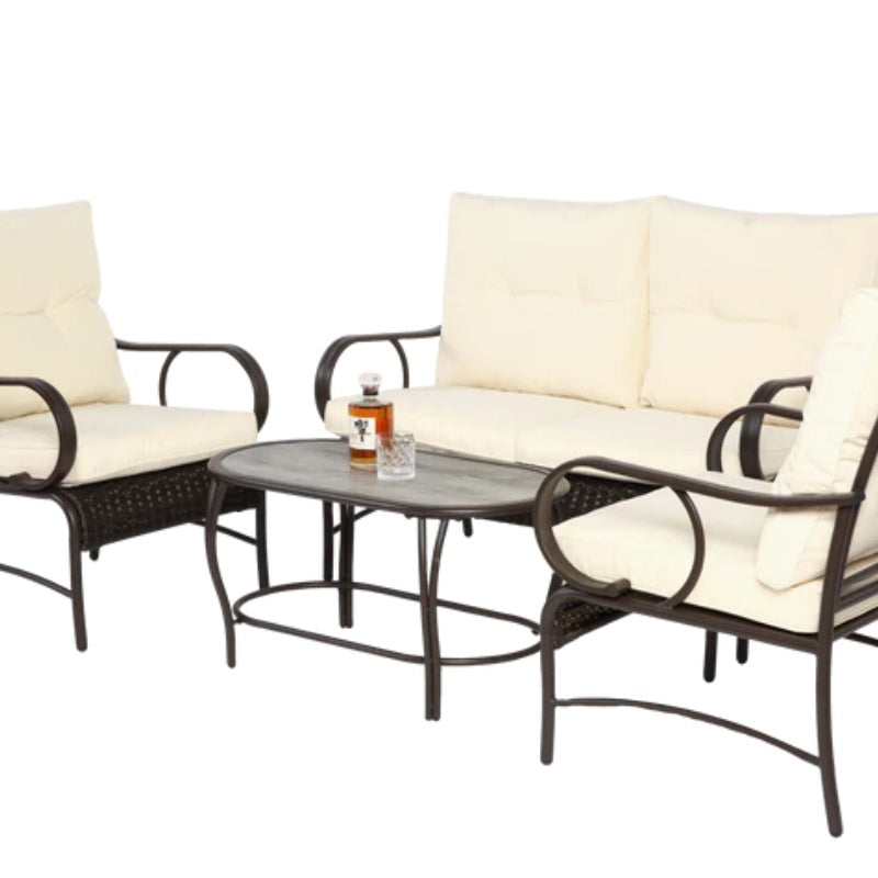 4 Piece Outdoor Patio Furniture Sets, Wicker Conversation Set for Porch Deck, Brown Rattan Sofa Chair with Cushion-海智集-Default-